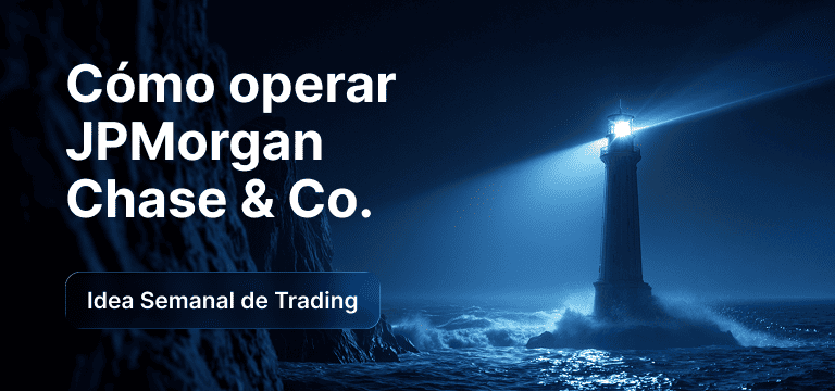 Un faro ilumina las olas de un mar embravecido durante la noche, con el texto superpuesto «Cómo operar con JPMorgan Chase» e «Idea de 'trading' de la semana».