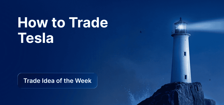 Lighthouse on a rocky cliff at night casting a bright beam over the ocean, with ‘How to Trade Tesla’ and ‘Trade Idea of the Week’ text overlay.