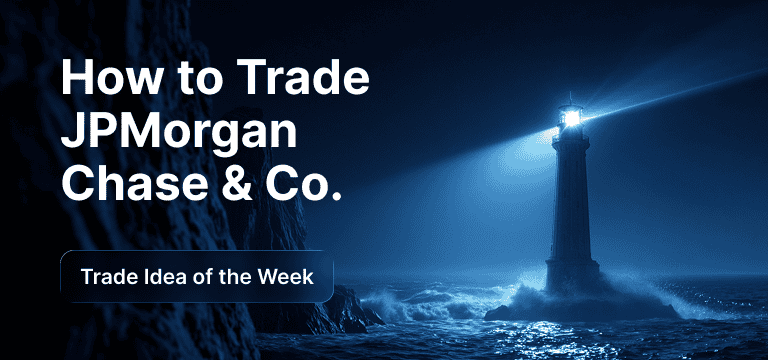 Lighthouse shining light across stormy sea waves at night, with ‘How to Trade JPMorgan Chase’ and ‘Trade Idea of the Week’ text overlay.